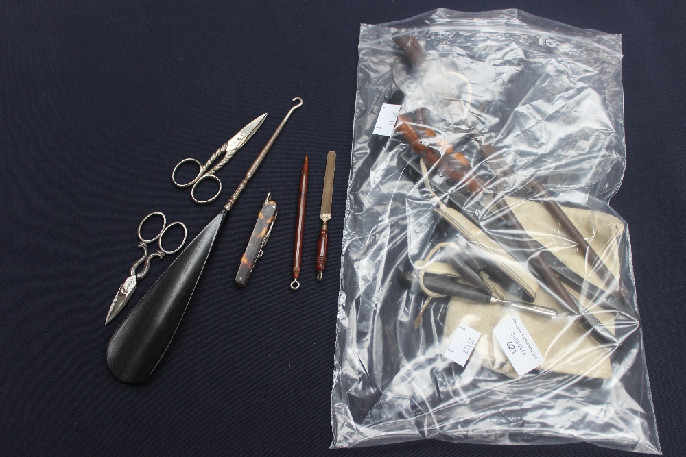 A collection of pen knives, steel scissors, manicure set, sewing items etc including a Victorian