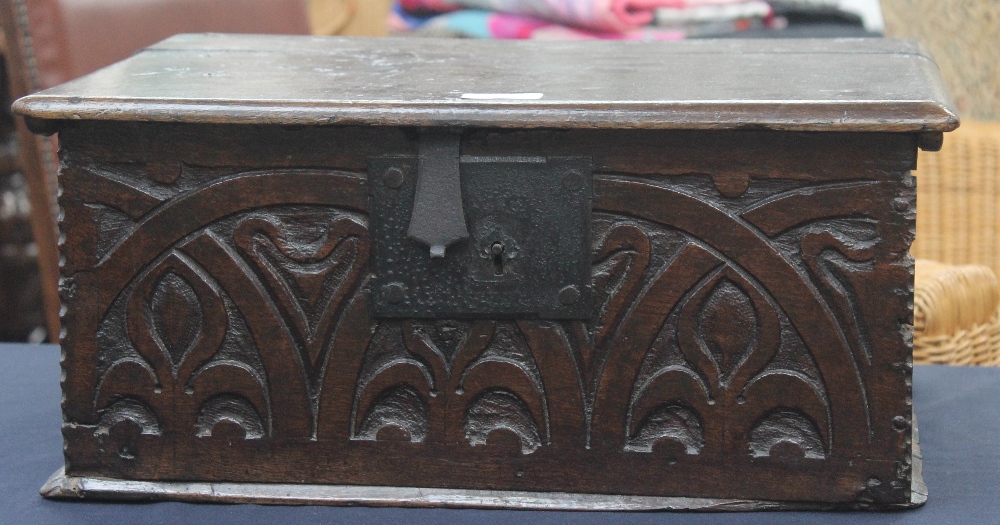 ***AUCTIONEER TO ANNOUNCE REVISED DESCRIPTION NOT C17TH BIBLE BOX BUT HAS ELEMENTS OF** An oak bible