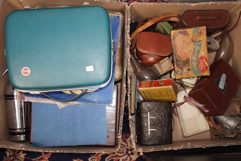 Two boxes of assorted collectable's, including cameras, binoculars, opera glasses, cocktail