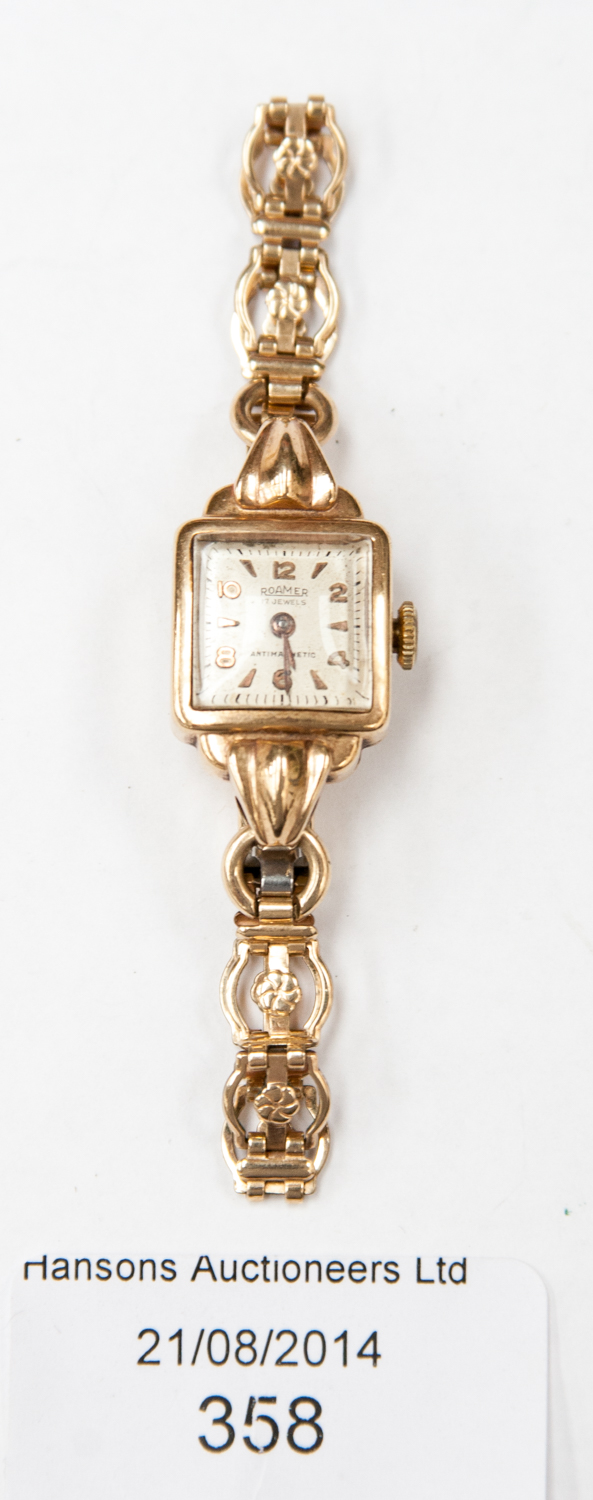 A 9 Carat gold ladies Roamer wristwatch on chain bracelet