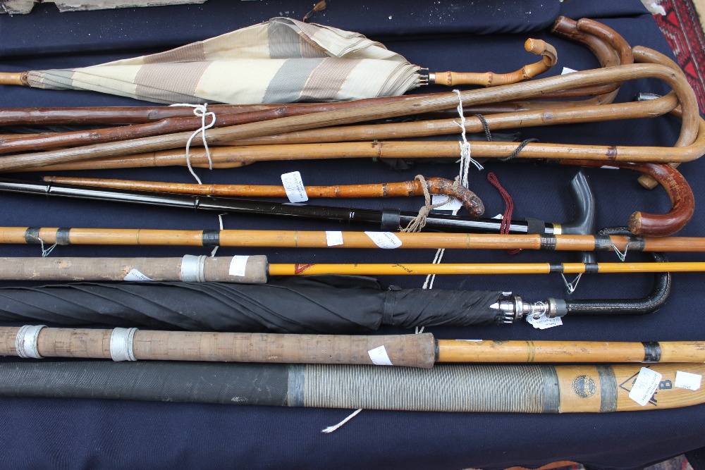 A collection of walking sticks, umbrellas (one with a silver band) fishing rods etc.