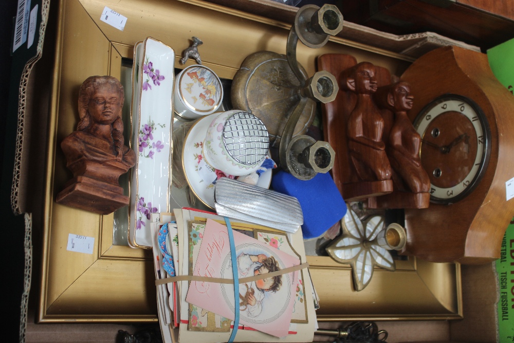 Collection of miscellaneous collectable's including; mantle clock, brass ware, postcards, African