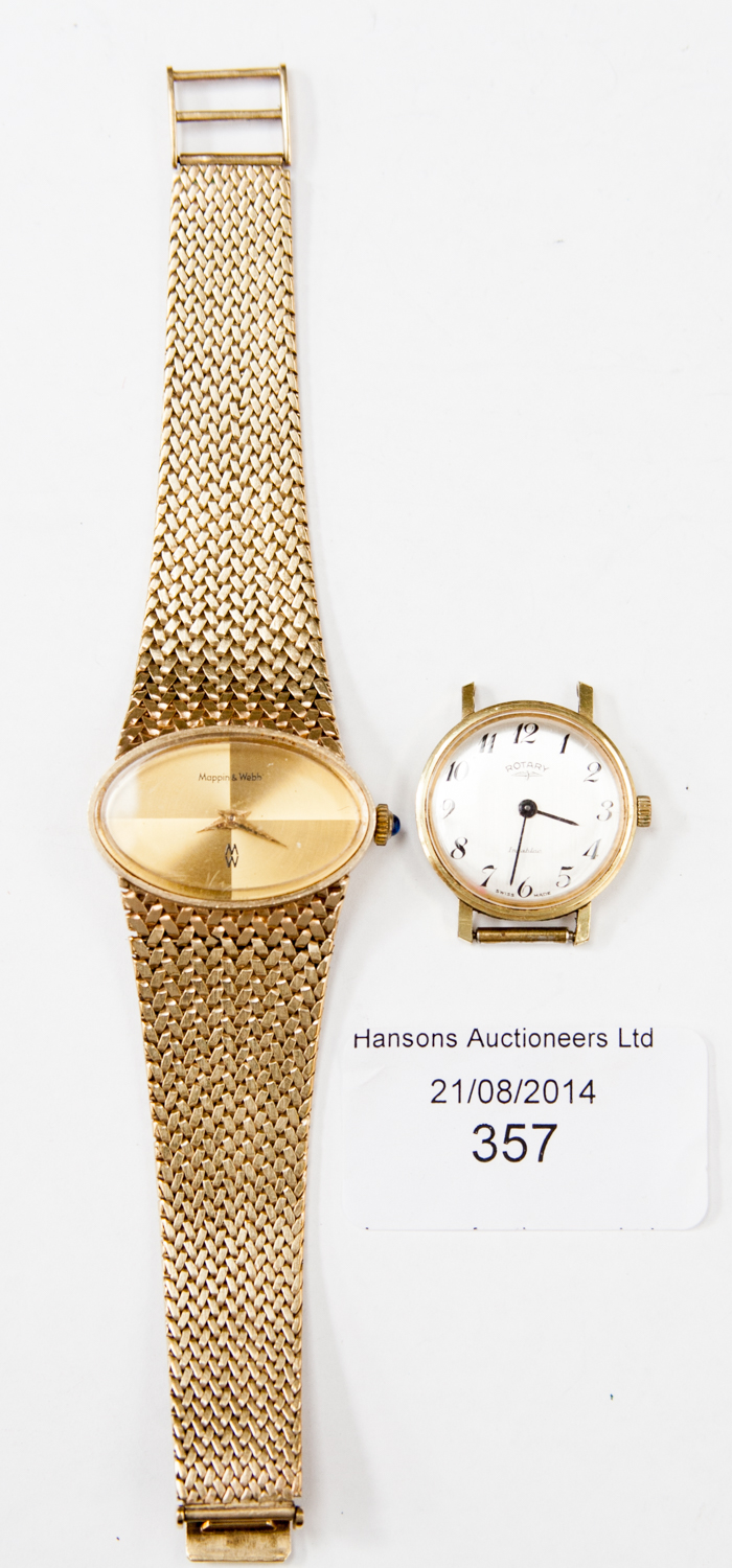 A ladies 9ct gold watch, Mappin and Webb on flexible 9ct gold strap with a ladies Rotary watch,