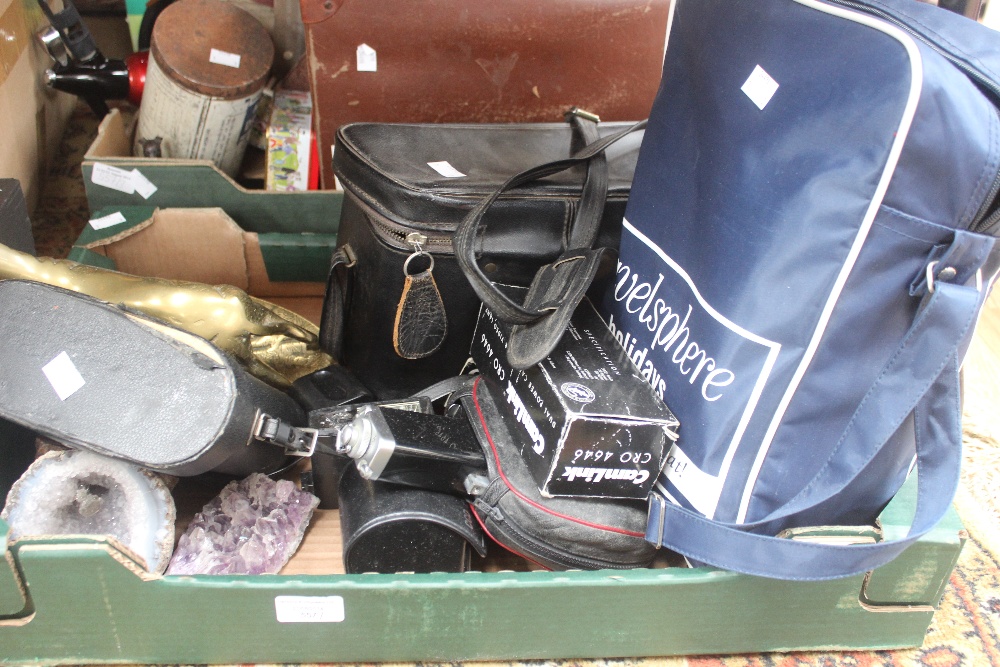 A mixed lot comprising of a Brexton picnic set; cameras; oxo tin; brass dog; binoculars; clock;