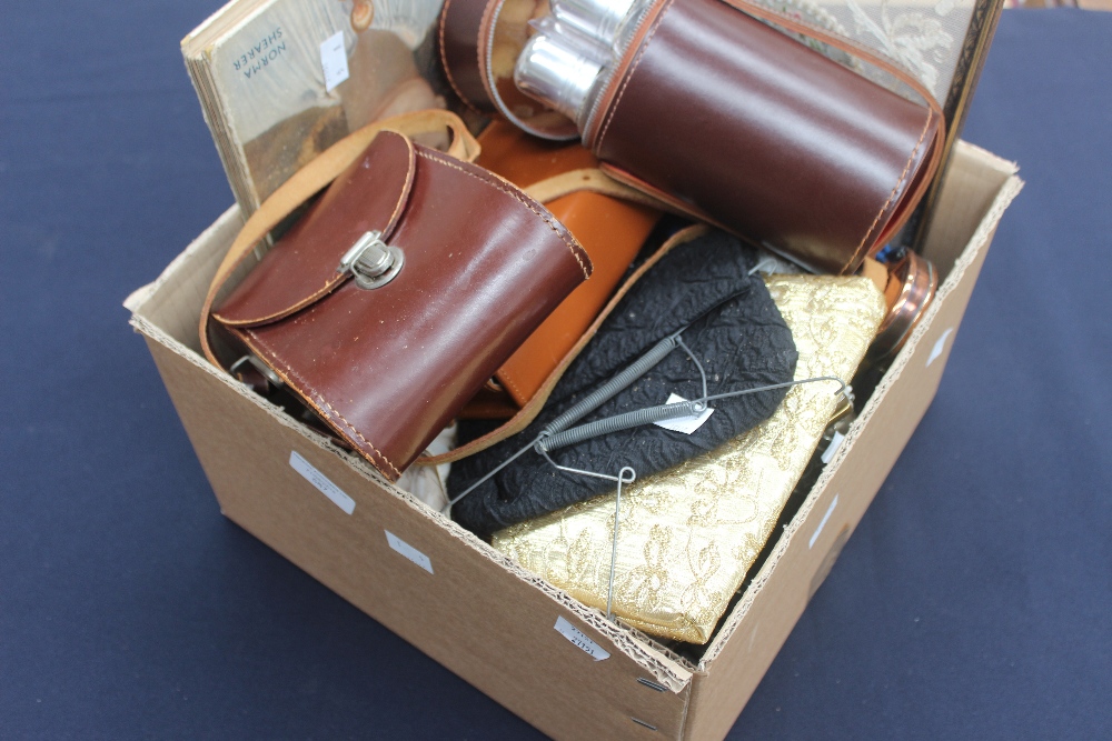Petite point dressing table set (gilt metal), scarves, evening binoculars, spirit flasks, snuff box,