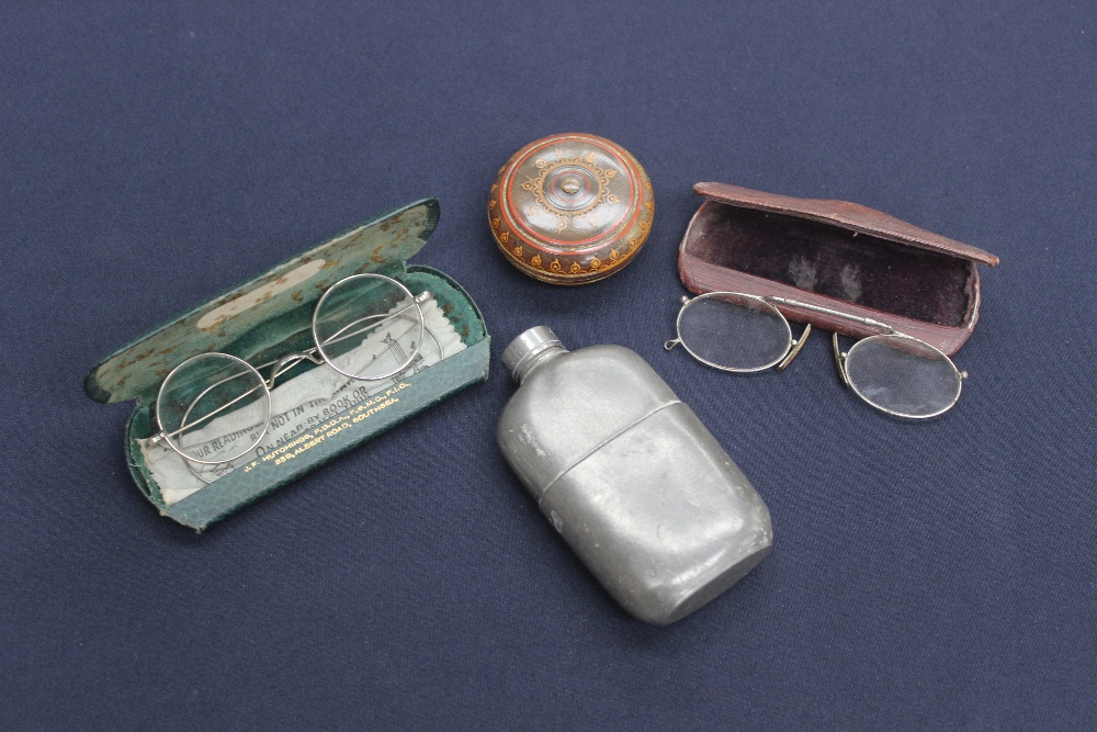 Two pairs of vintage spectacles, inlaid horn circular box and a pewter hip flask