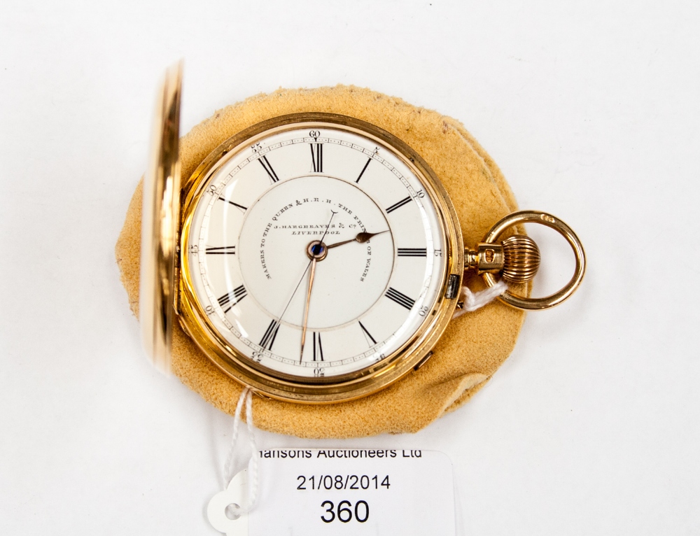 An 18ct gold Gentlemen's Hunter pocket watch J Hargraves and Co, Liverpool with blued steel, seconds