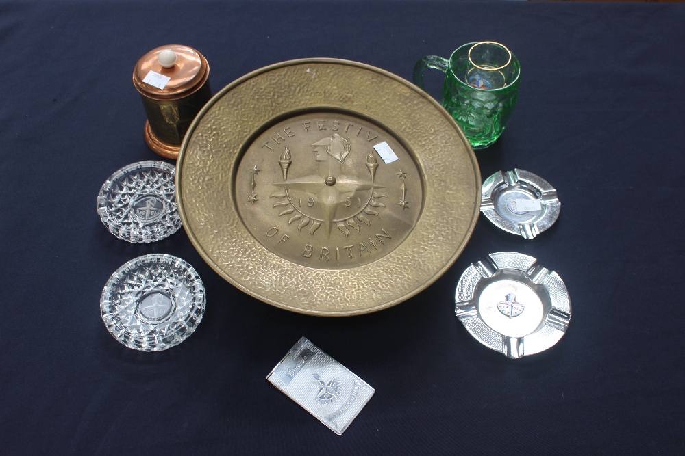 A quantity of 1951 Festival of Britain Commemorative ware including pressed glass mugs, ashtrays,