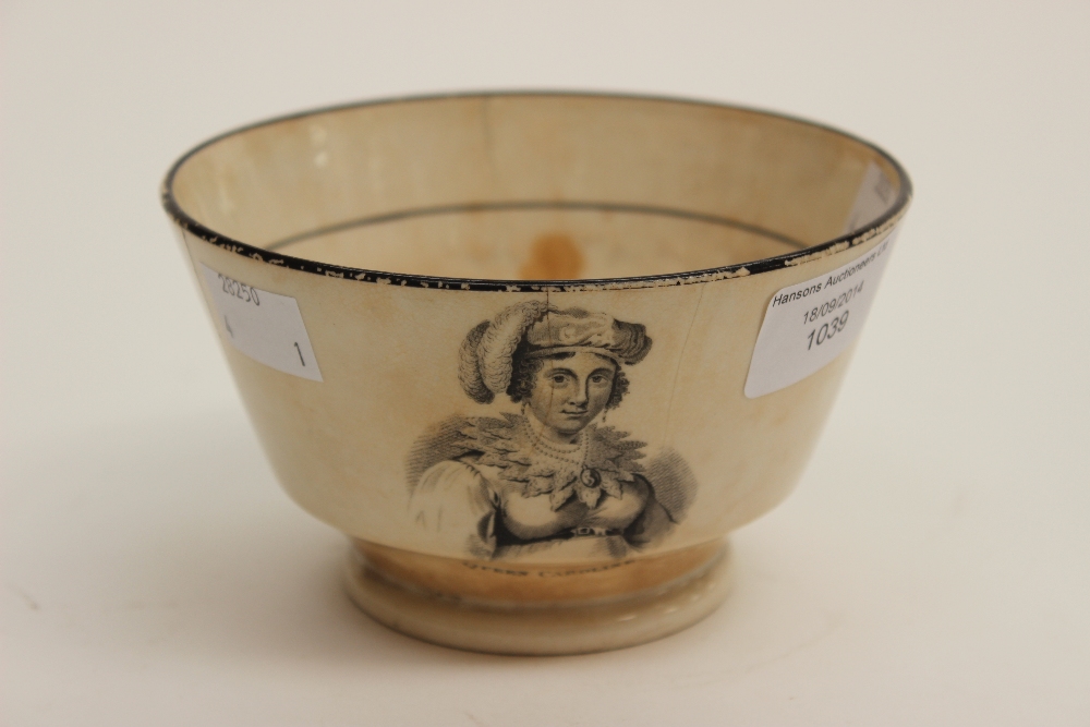 An 1820 creamware 'Queen Caroline' Royal commemorative bowl; commemorating her accession to the