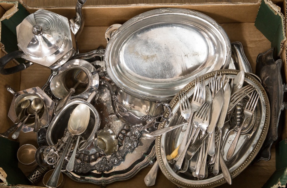 A box of silver plated hollow and flatwares, including entree dish, salvers, fish eaters, crumb