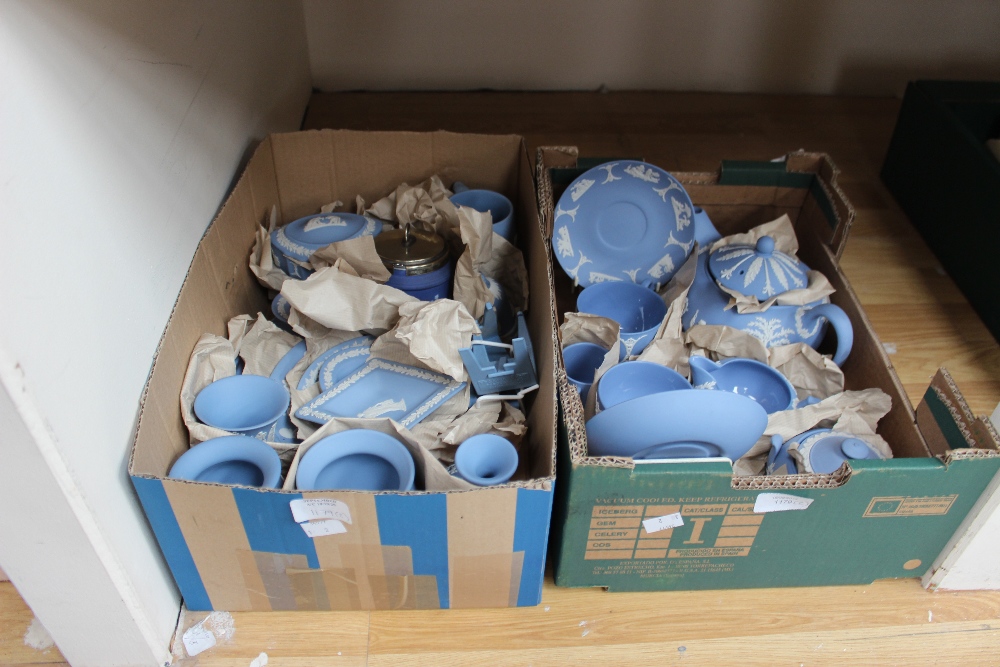 Two boxes of Wedgwood Jasperware blue/white china, twenty six items in all