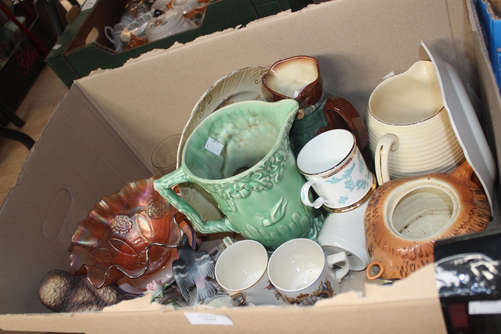 A box of various ceramics and glassware to include Shelley, Wade, Doulton 'Old Charlie' RN 635250,