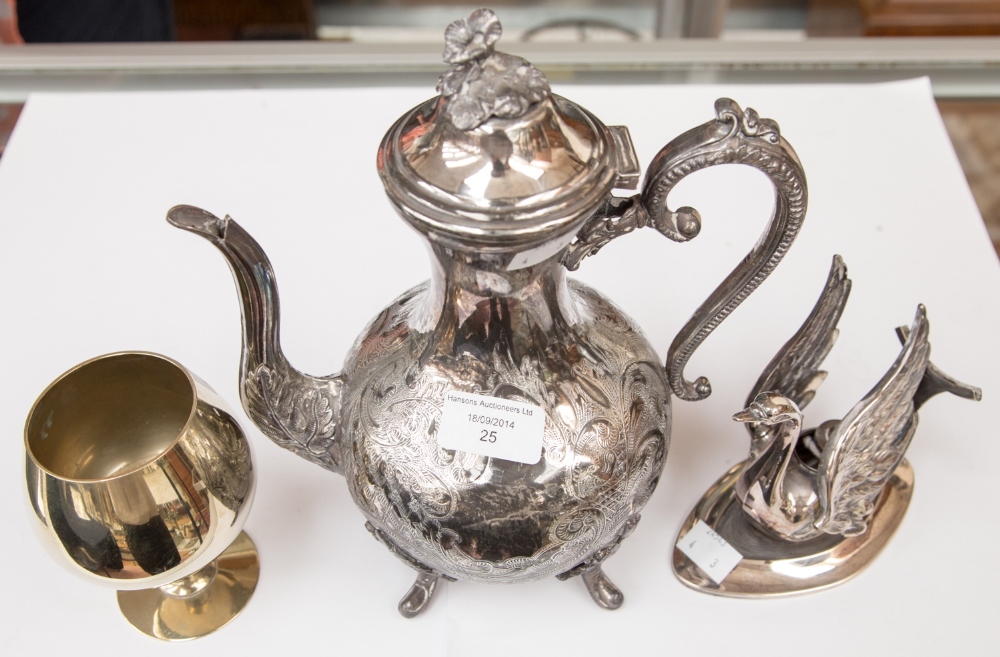 A swan design brandy warmer and goblet and an ornate plated coffee pot