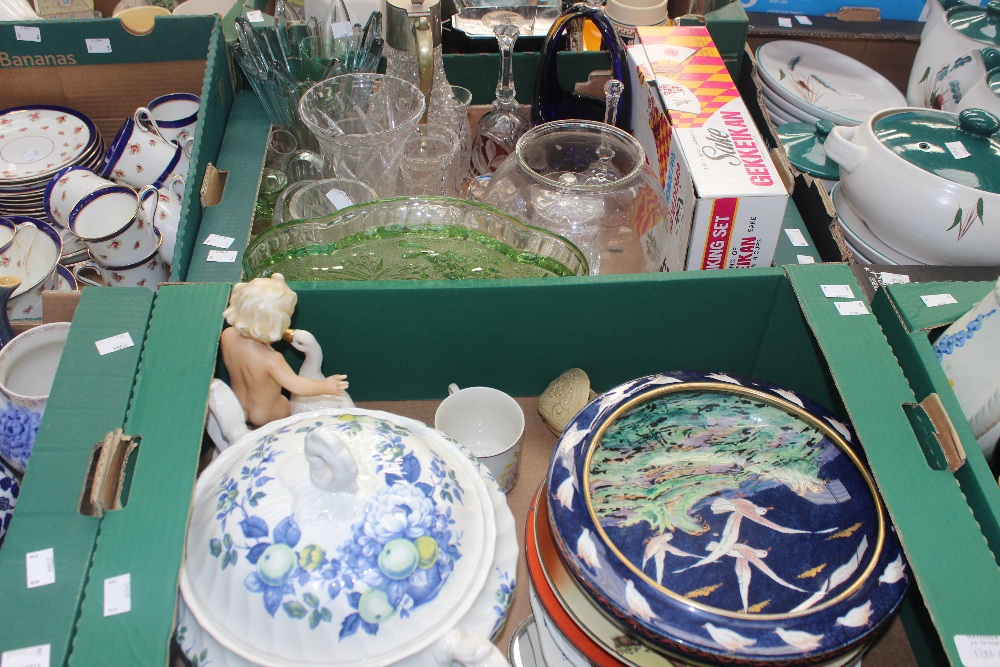 Three boxes of 19th and 20th Century ceramics and glassware, including jelly moulds, tureen and