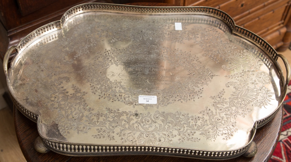 An EPNS gallery tray, 60 cm by 40 cm approx, presented to Sargent Major Ormiston by The Lothians and