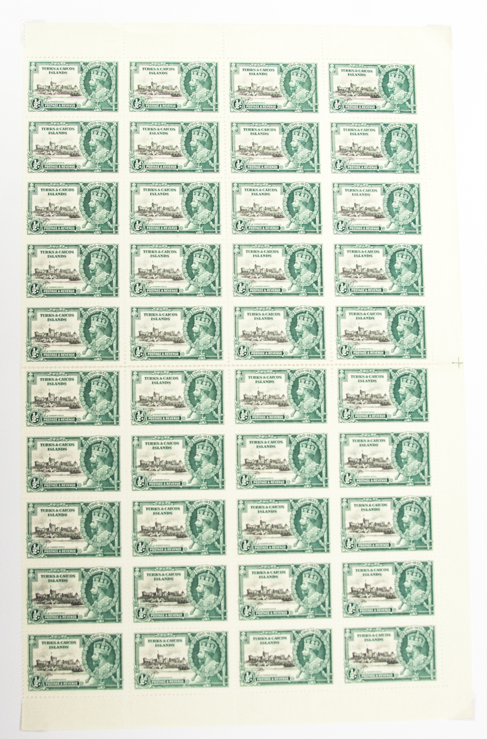 Turks and Caicos 1935 Silver Jubilee ½d block of 40 and showing Kite and Log Flaw (SG 1871) fine