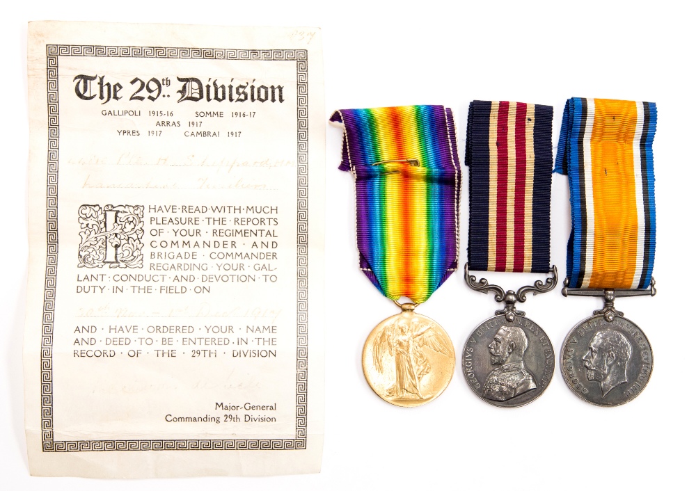WWI military medal group to 41810 PTE, H. Shepherd. 1/Lanc Fus. Trio of military medal, war medal