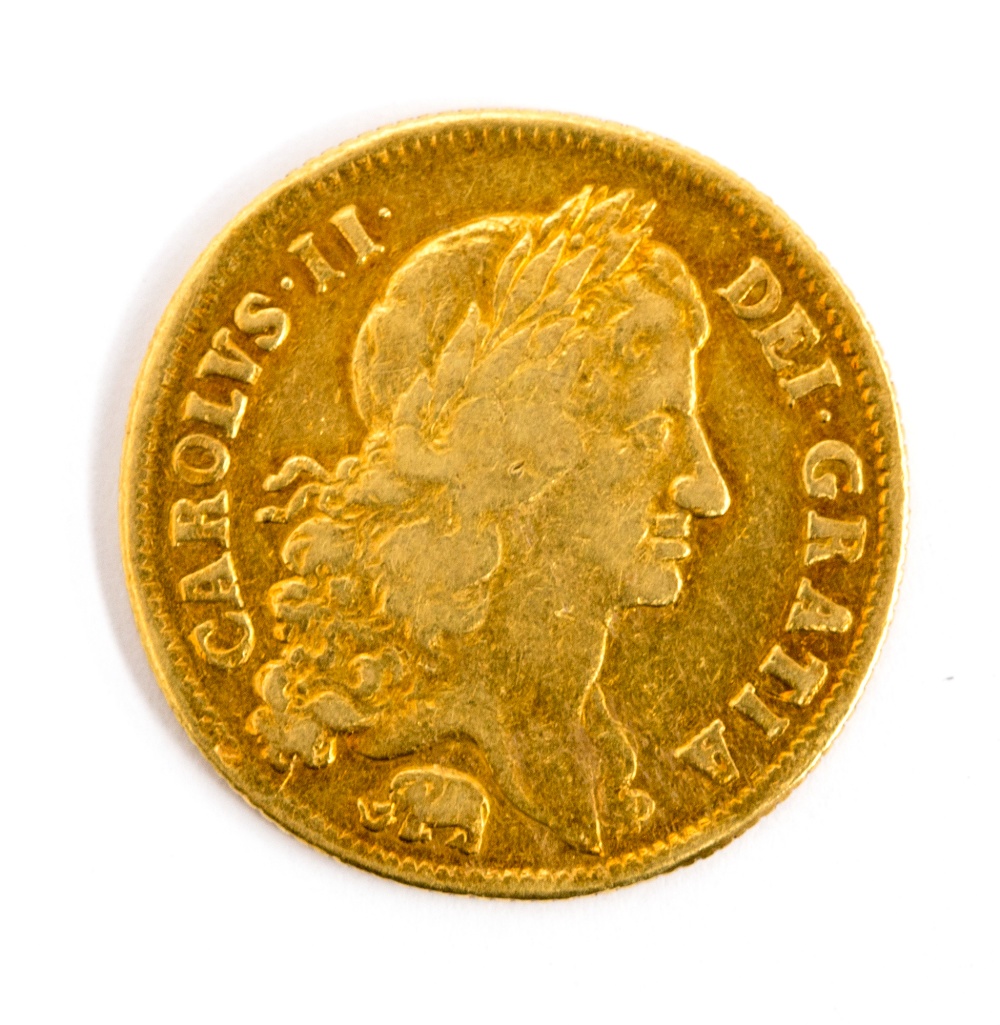 A Charles II gold two Guineas 1664, Elephant only below bust