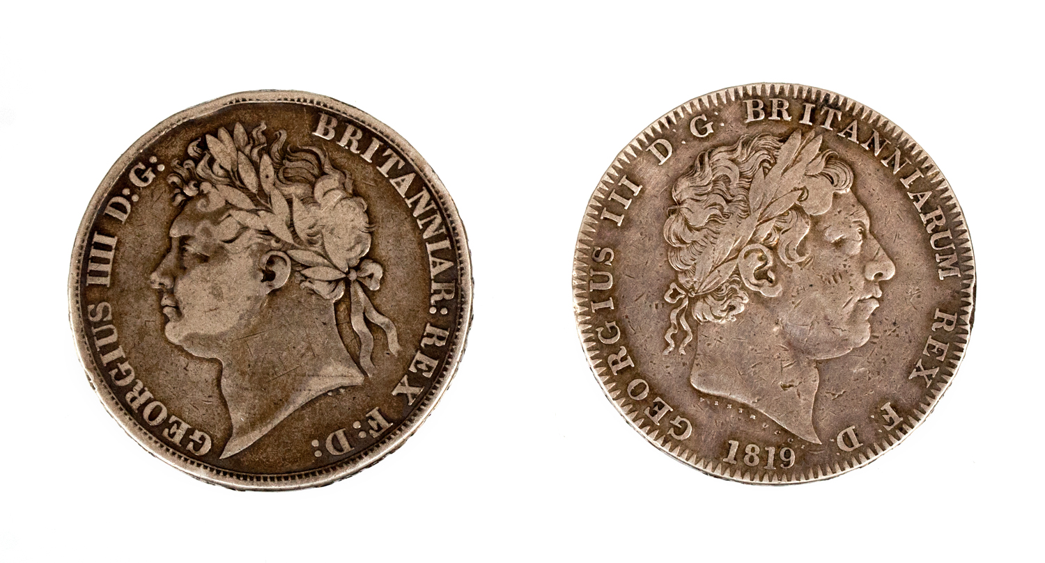 Crowns x 2; George III 1819, LIX no stops on edge, George III 1821 secundo. (2)