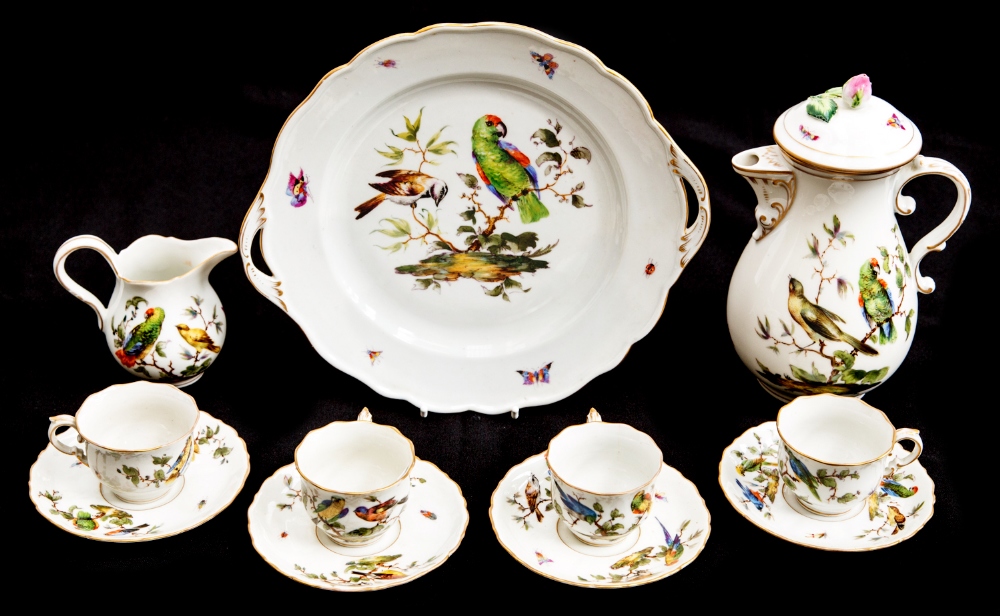 A 19th century German porcelain part coffee set, circa 1870, possibly Frankenthal, hand painted with