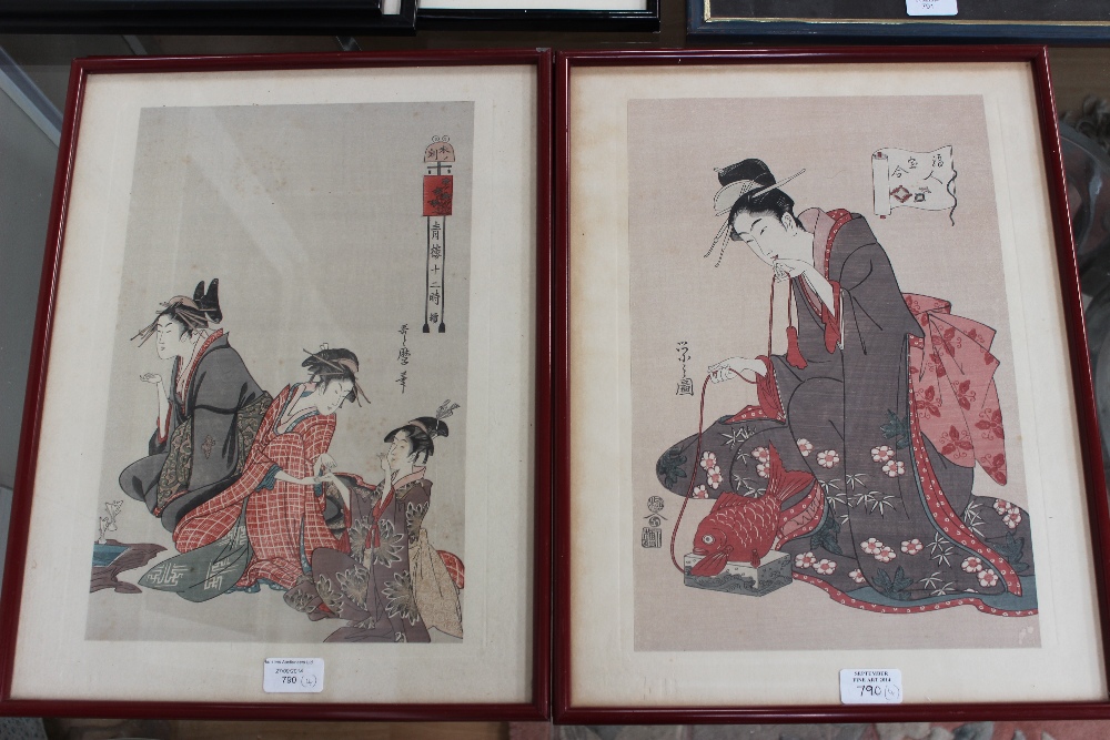 A collection of four Japanese Meiji woodblock prints of figures including Geisha and Samurai,