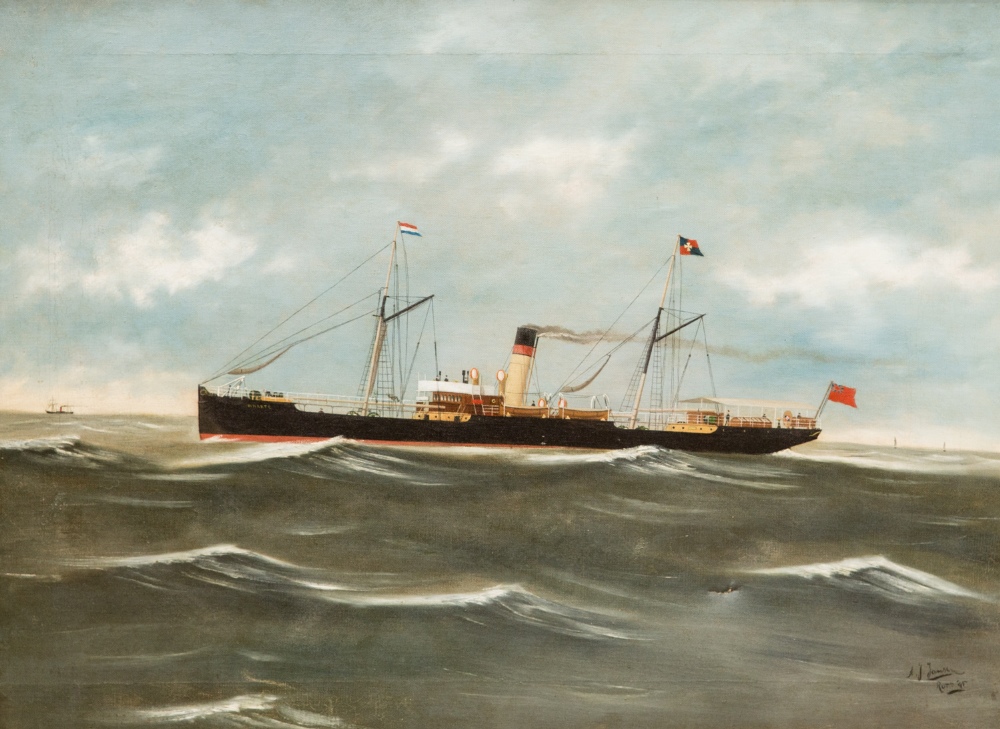 A.J Jansen (late 19th century), The Steam Ship 'Wharfe' at Sea, oil on canvas, signed and dated '95,