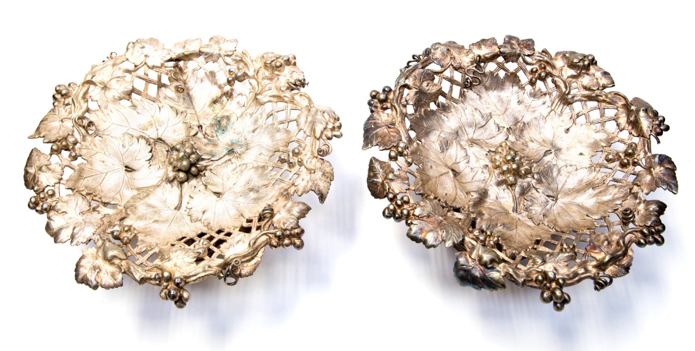 A pair of Victorian Elkington and Co cast plated comports, realistically modelled in high relief