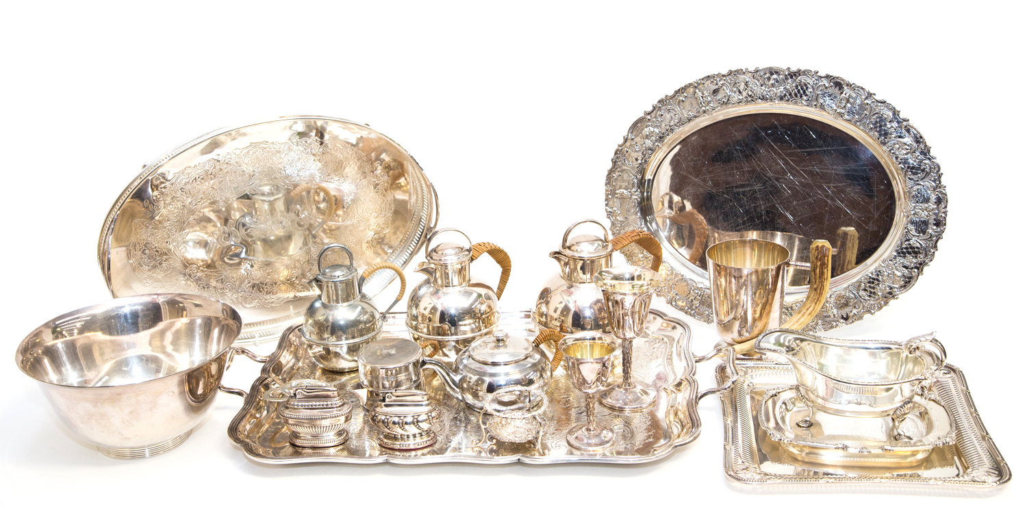 A large quantity of silver plated items, including Gorham trays, cruets, milk and sugar bowls, etc