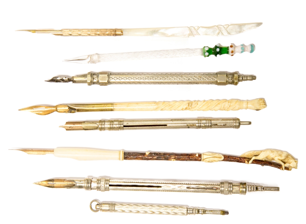 Four silver plated pens/pencils, two Ivory nib pens and a Murano glass pen; etc (8)