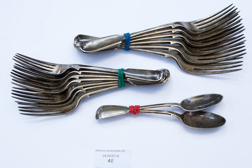 A collection of Victorian silver flatware, fiddle pattern, including six table forks, seven