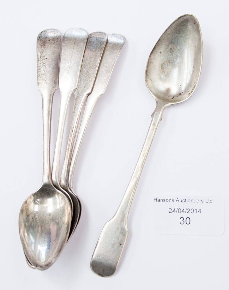 Scottish interest, four Edinburgh silver fiddle patterned teaspoons, and another silver patterned