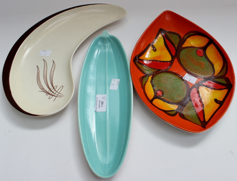 A 1960's Poole pottery dish, longest length 30cms. A turquoise Poole pottery long ridged dish and