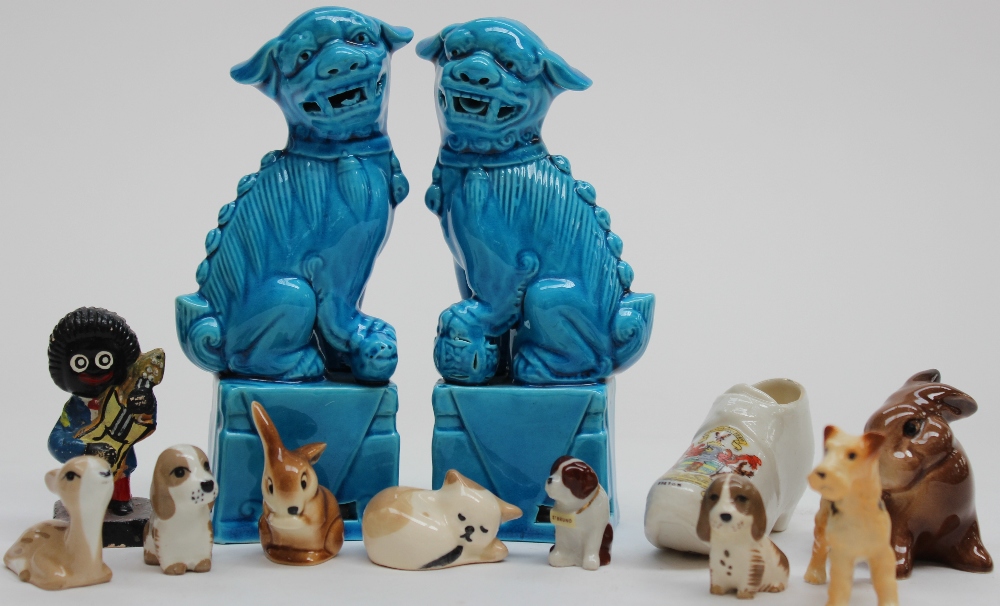 A pair of Chinese Dogs of Foe turquoise glaze, impressed marks to base; together with Szeiler animal