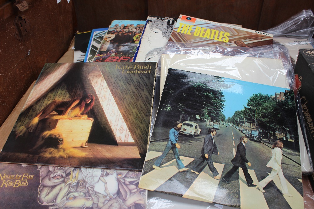 Two boxes of LPs and 45s including Beatles White Album first press stereo; two original King Crimson