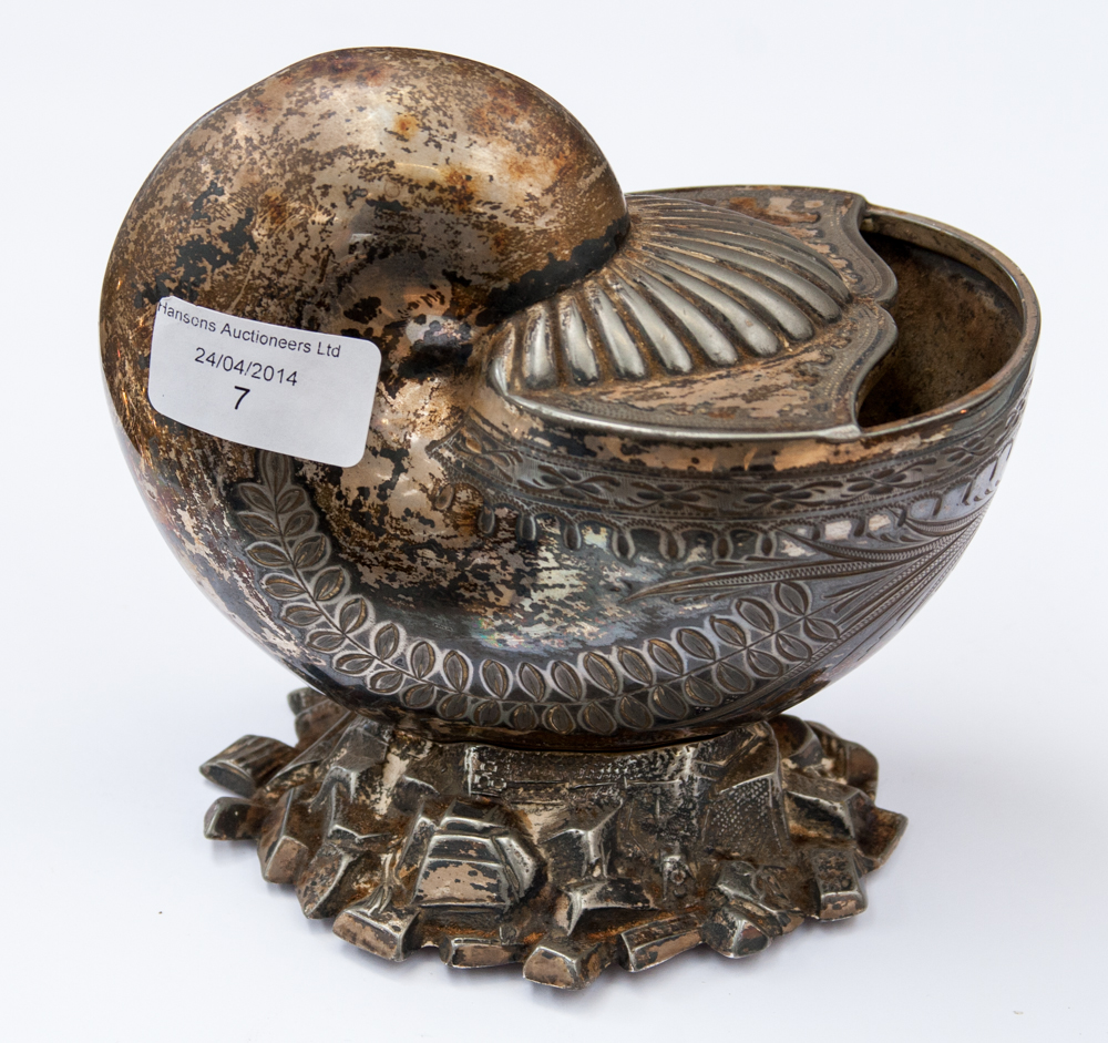 A Regency spoon warmer - nautilus shell shape, initial M. Vain etched on to shell body, evidence