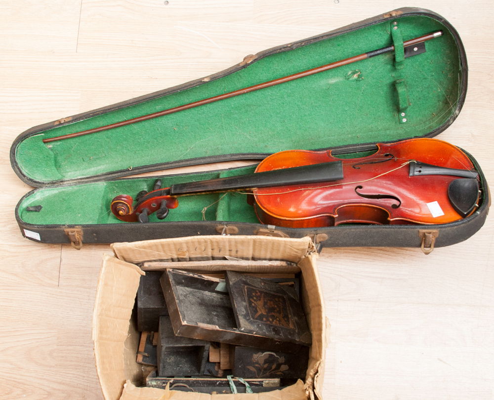 A late 19th/early 20th Century violin, complete with box and case; together with a black lacquered