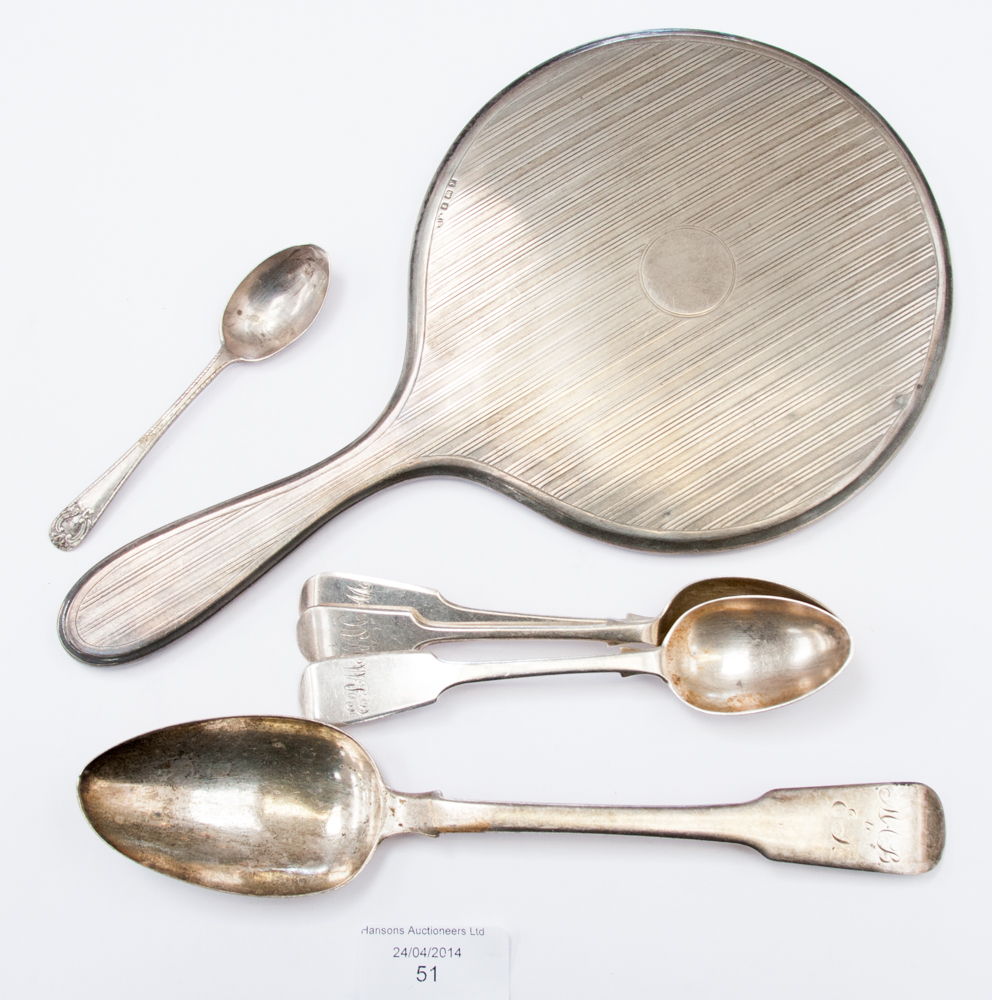 A George IV silver tablespoon, London 1824; a pair of Victorian silver teaspoons, etc, 4.415ozt;