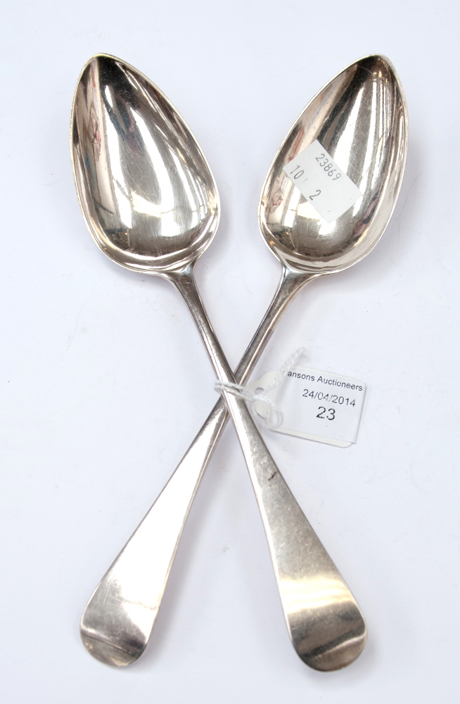 A pair of George III silver serving spoons, old English pattern, maker William Bateman, London ?? (