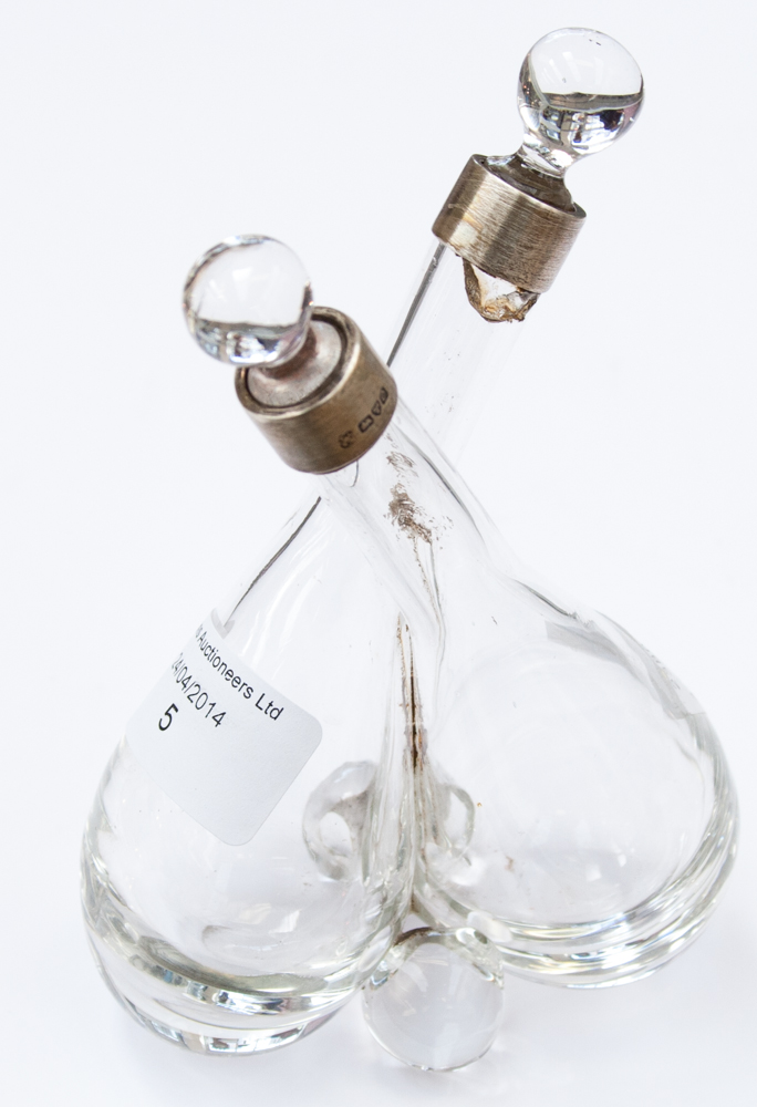 A 19th Century oil/vinegar set with Chester silver band (af)