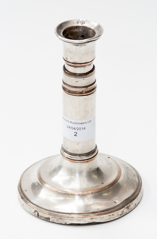 A George III silver plate on copper telescopic candlestick, marks