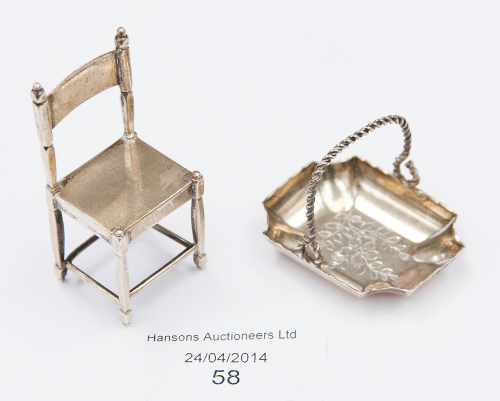 A George V silver miniature chair and a Victorian silver basket, London 1896