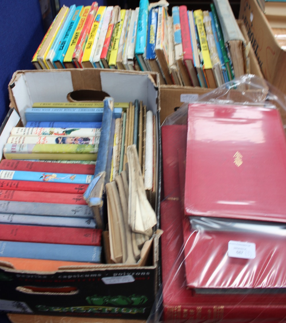 Three boxes of assorted books, including Enid Blyton, various children's books, annuals, etc plus