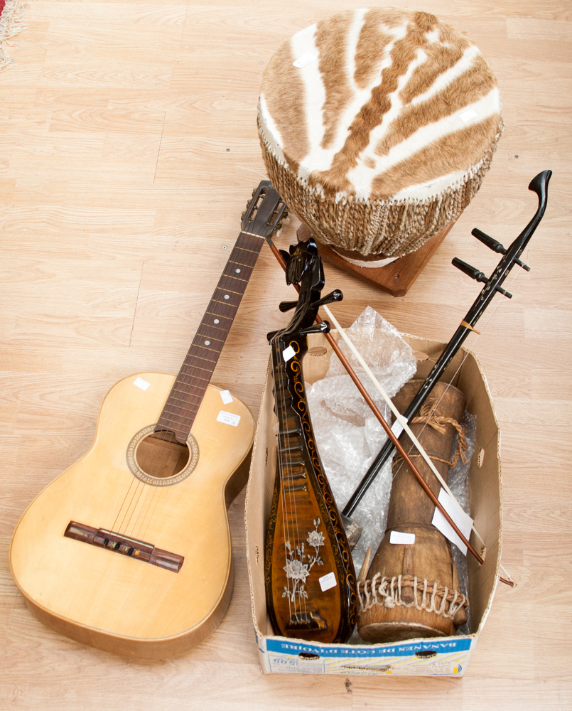 A Gilby guitar acoustic Mexico, Vietnamese 'Dan Nhi' with bow and Dan Tyba and Thai drum