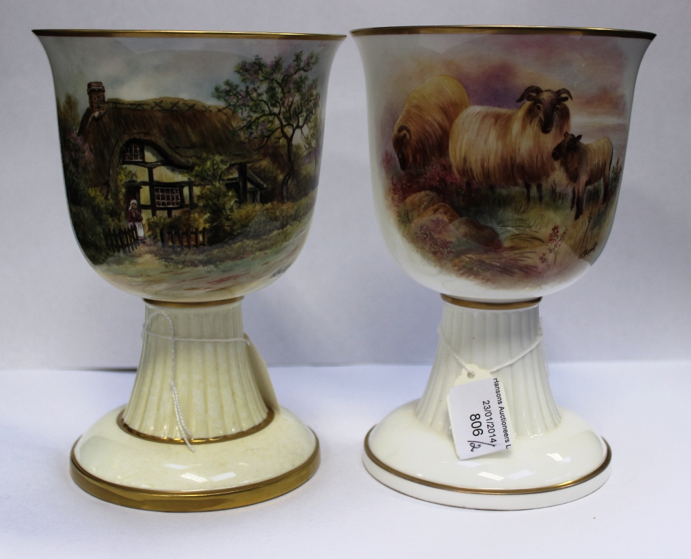 James Skerrett goblets 8cm high, 12 cm top diameter approx. One goblet painted with two horned sheep