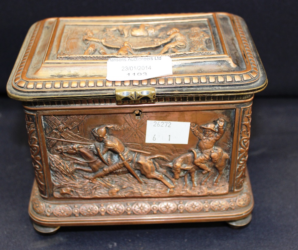 A 19th Century Tobacco Jar/casket, silvered on copper, repousse designs of Don Quixote and Sancho'