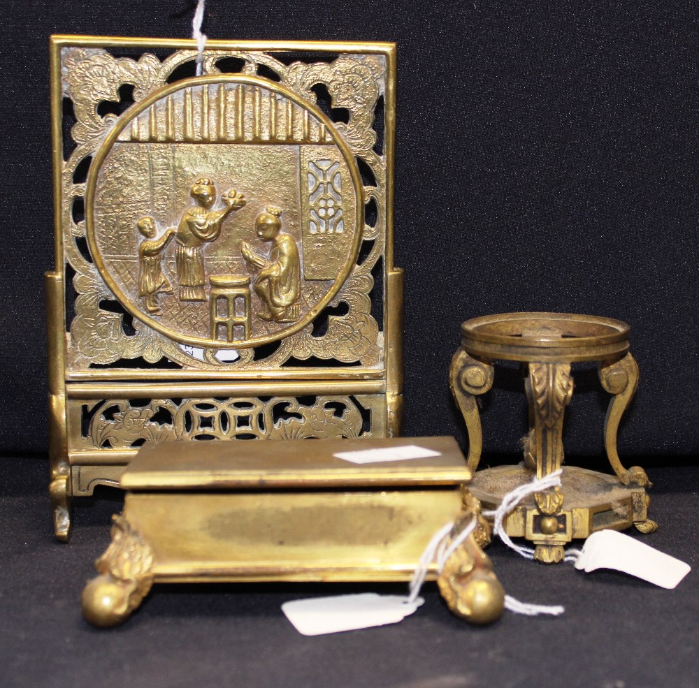 A French ormolu vesta box and stand; and a Chinese brass table screen (3)