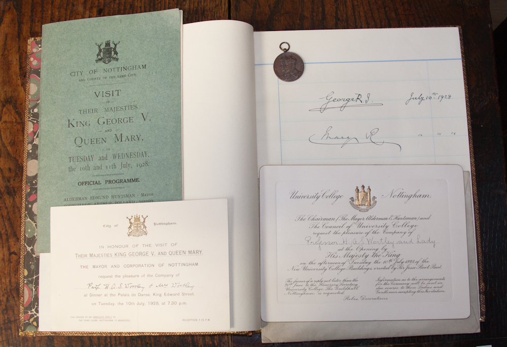 The official visitors book for Nottingham University 1928, signed by George V and Queen Mary,
