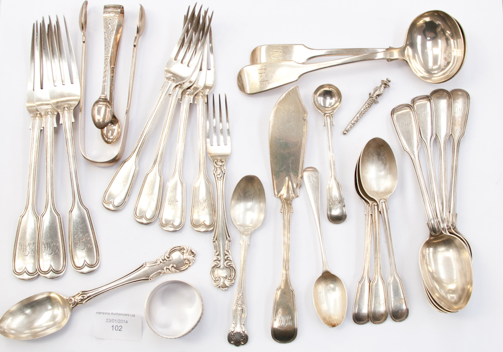 A quantity of Victorian silver flatware, in fiddle and thread pattern, together with two fiddle