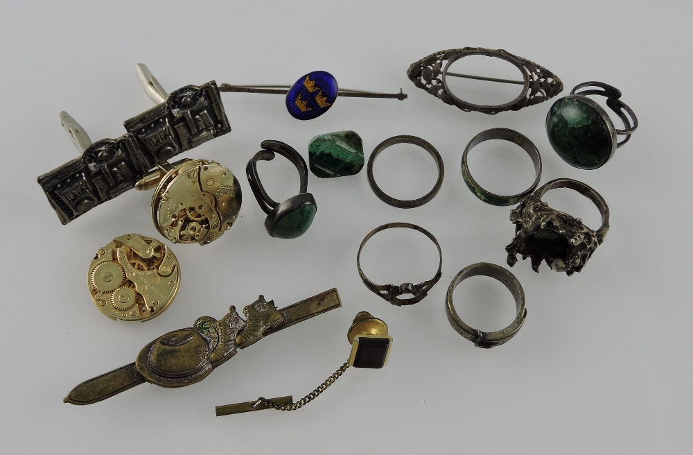 A collection of rings including silver and enamel, agate stones, together with pair 925 silver