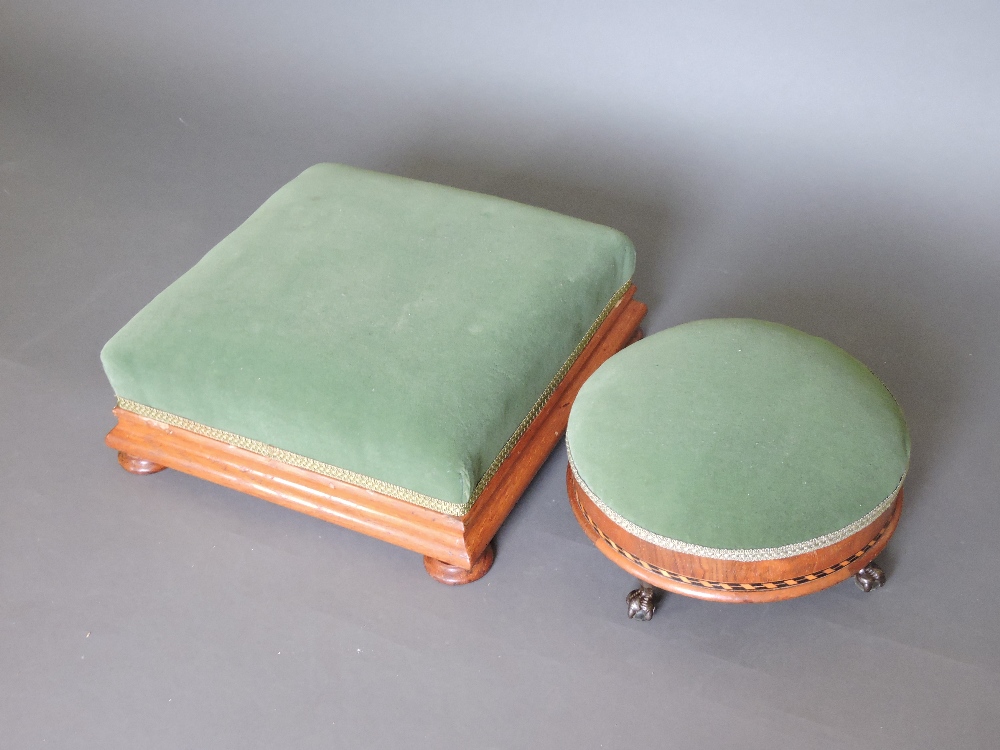 A late Victorian walnut circular foot stool, the pad upholstered top in sage fabric above a